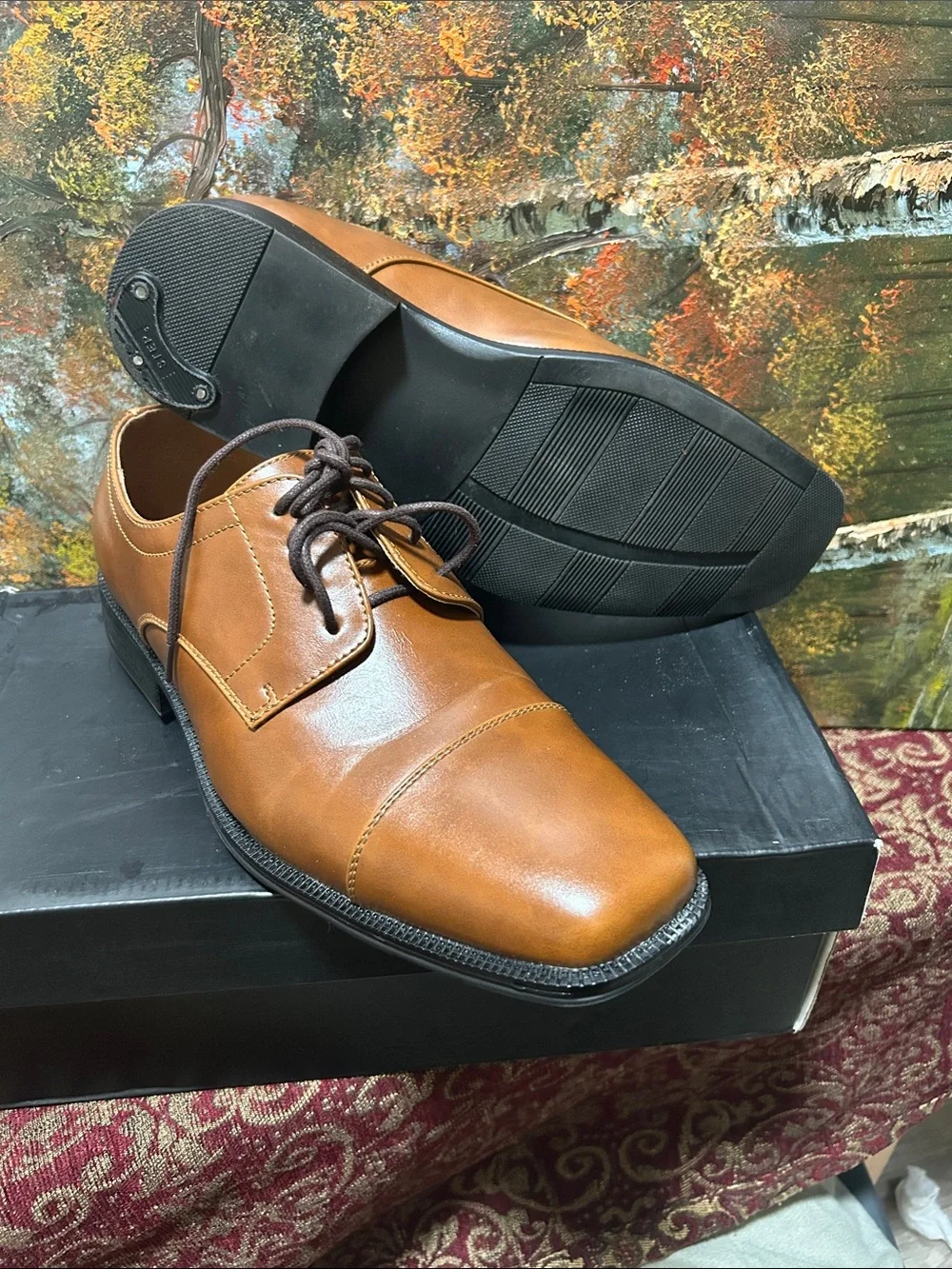 ALFANI Men's Tan Leather Dress Oxfords - Classic Lace-Up
